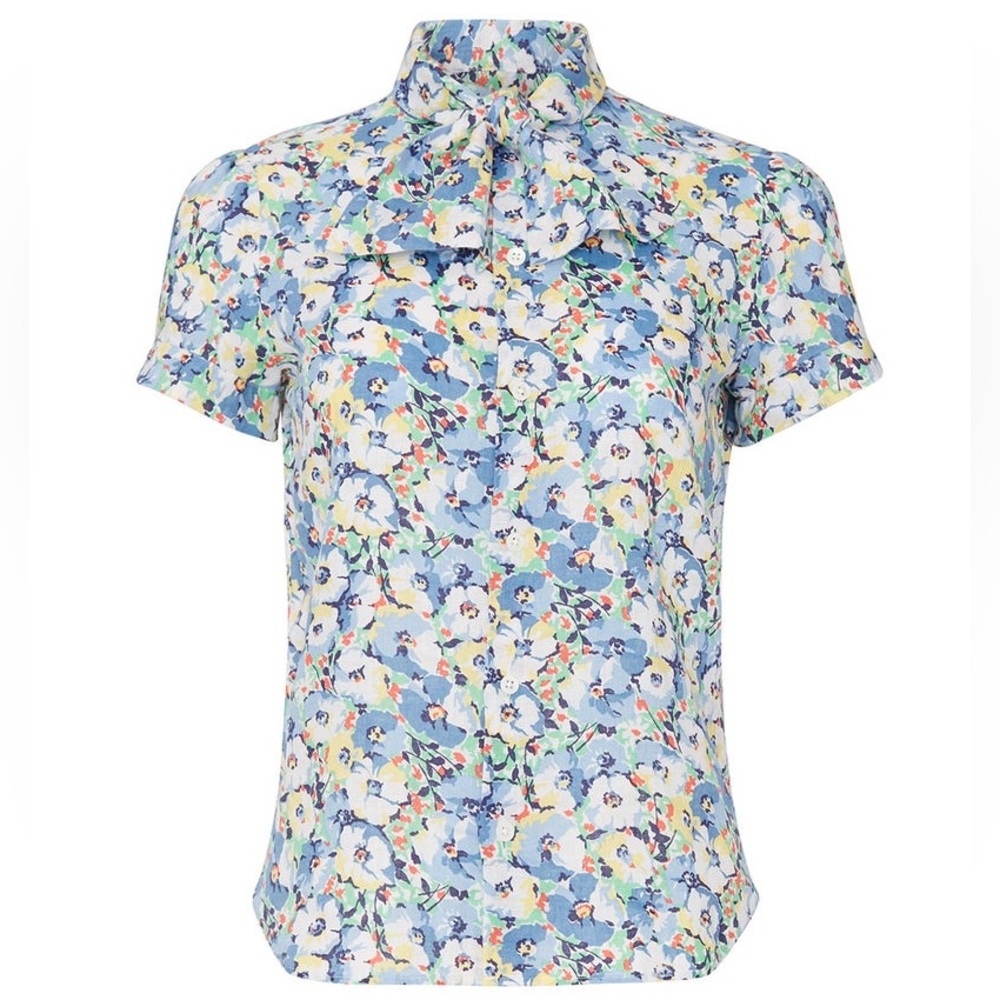 Polo Ralph Lauren Blue Floral Tie Neck Top in Size Small